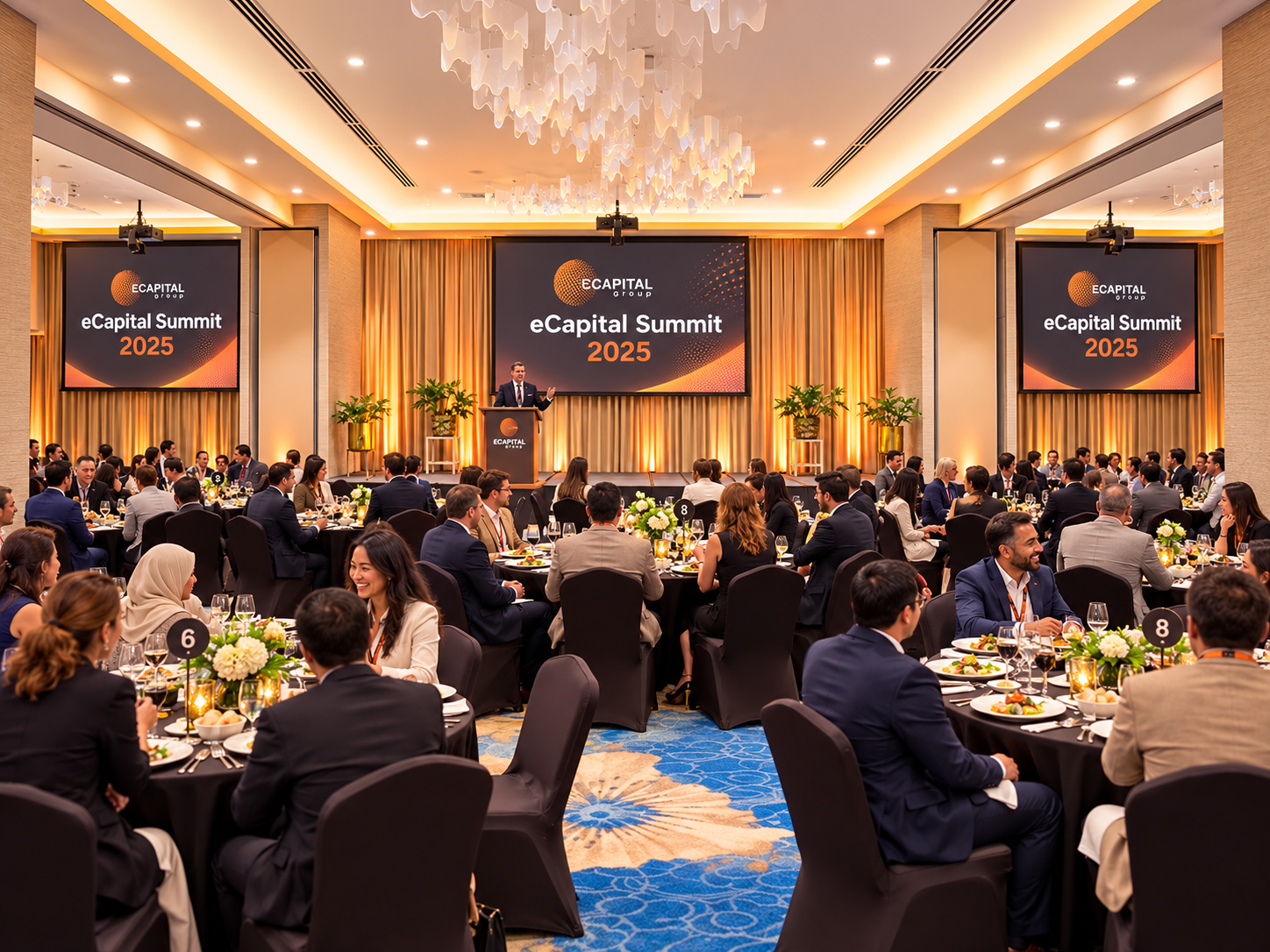 eCapital Summit 2025 banquet, with guests seated around tables and a speaker at the lectern beneath summit-branded screens